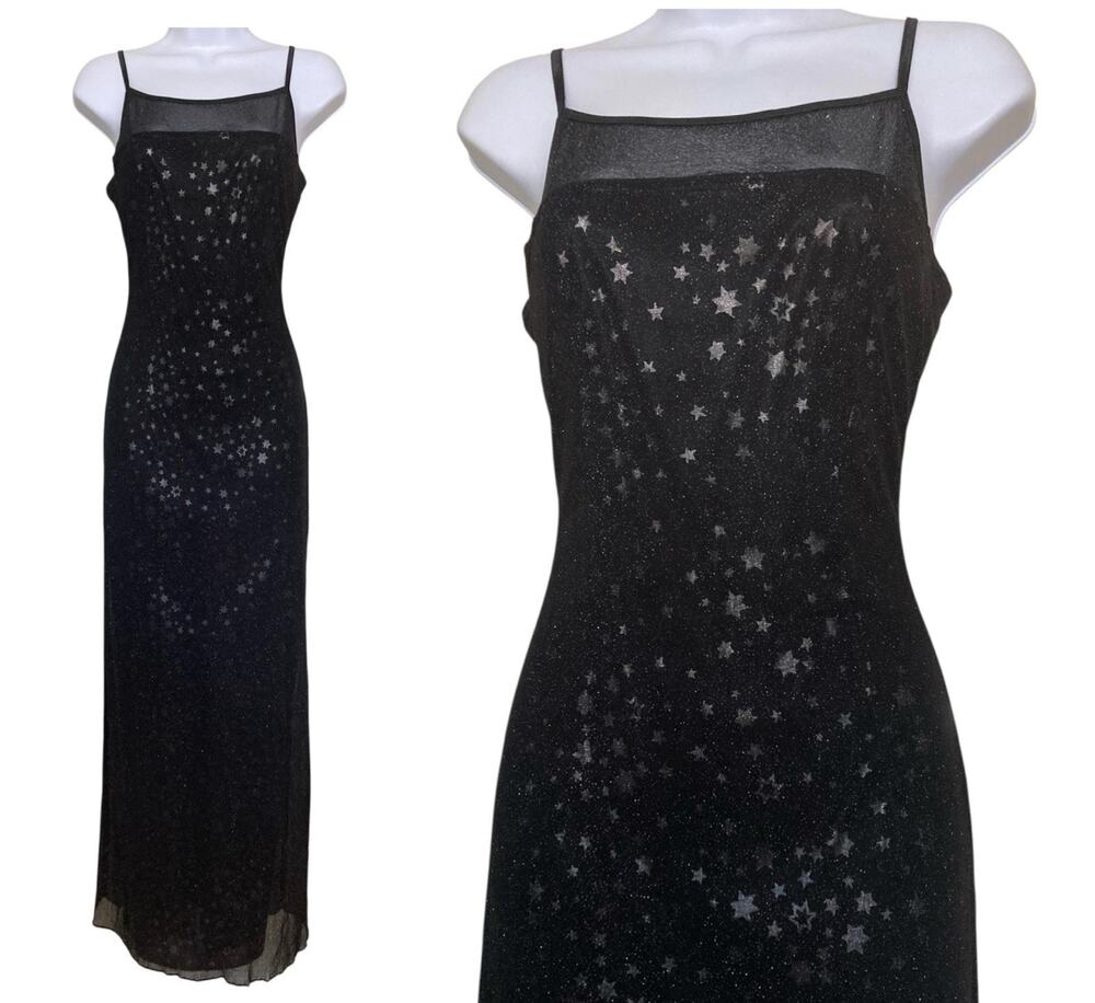 Vintage 90s Y2k Black Mesh Star Goth Prom Fairy Boho Maxi Slip Dress Size S